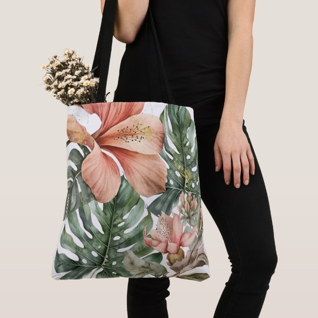 Tote Bag Fleur tropicale jungle aquarelle vert pêche or écl (De près)