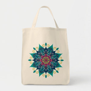 Tote Bag Fleur-Turquoise de mandala et bleu d'indigo
