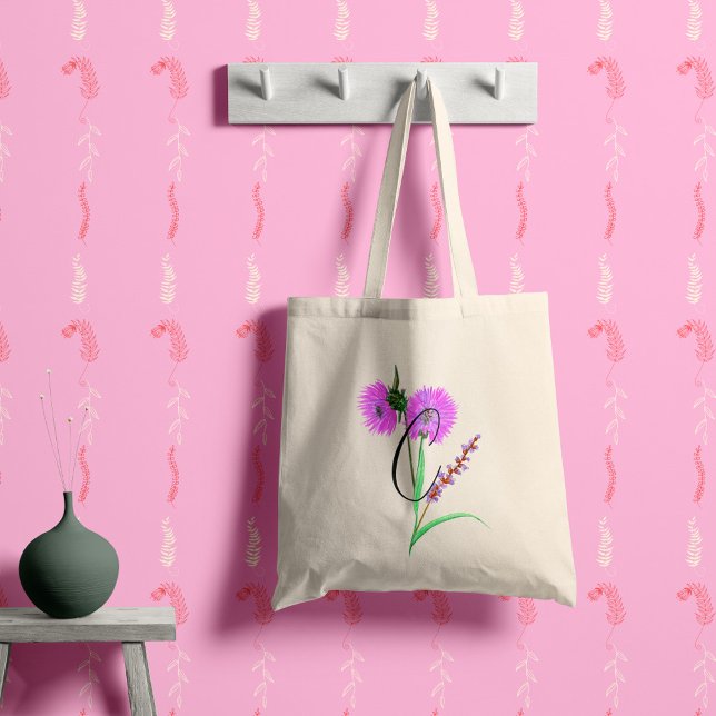 Tote Bag Fleur violette aquarelle avec votre initiale.  (Créateur téléchargé)