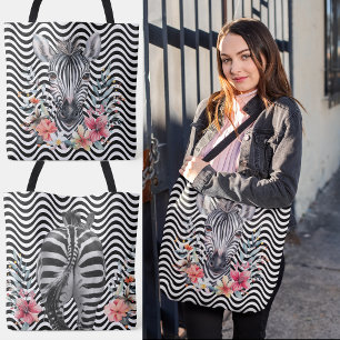Tote Bag Fleur Zèbre Visage Butt noir blanc Vent rayures