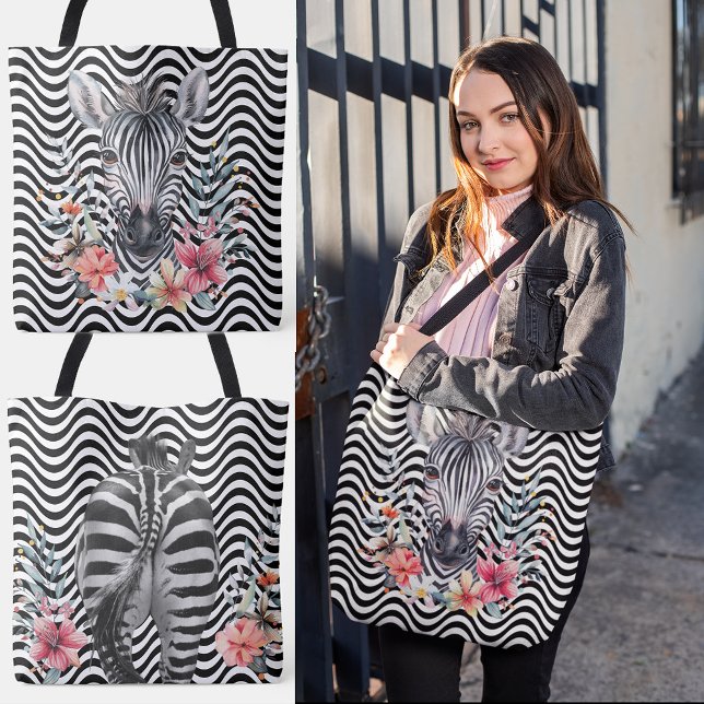 Tote Bag Fleur Zèbre Visage Butt noir blanc Vent rayures (Floral Zebra Face Butt Black White Wavy Stripes Tote Bag Front and Back, large bag, shopping bag,)