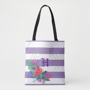Tote Bag fleuri rayé violet personnalisé