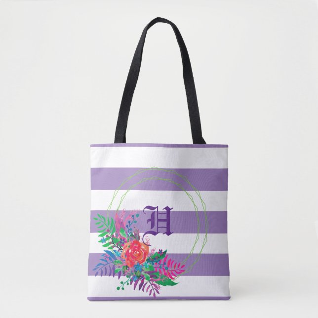 Tote Bag fleuri rayé violet personnalisé (Devant)