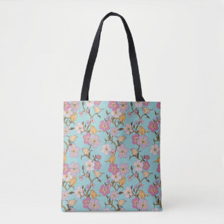 Tote Bag Fleuris et oiseaux fantaisistes en traîne - Turquo