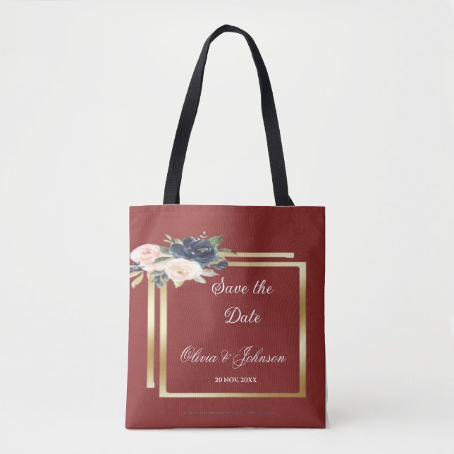 Tote Bag Fleurs à Cadre Doré Enregistrer la Date  (Devant)