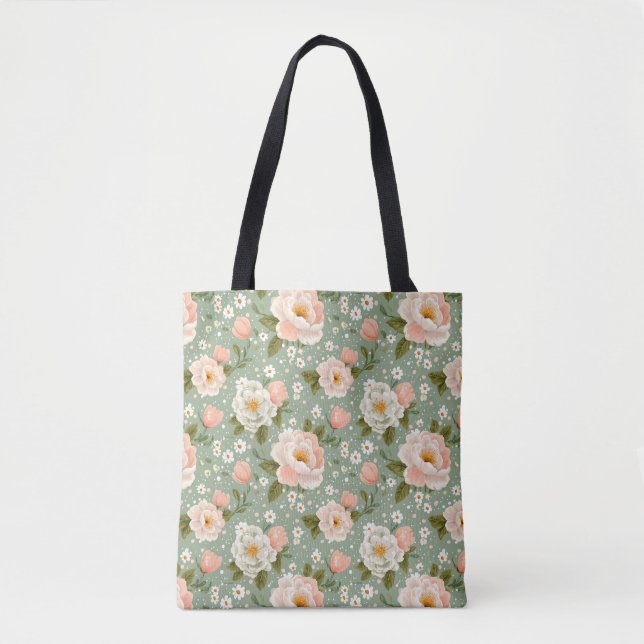 Tote Bag Fleurs à l'aquarelle pêche et vert (Devant)