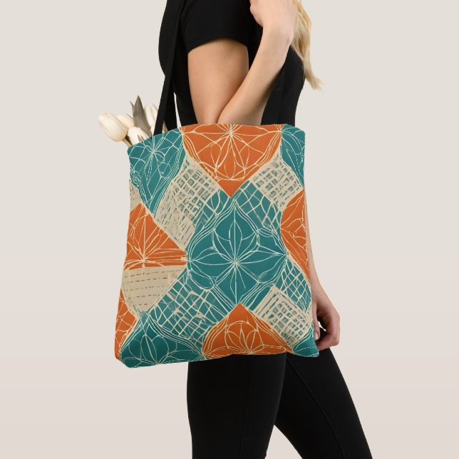 Tote Bag Fleurs Abstraites Bleu-vert, Orange et Brun (De près)