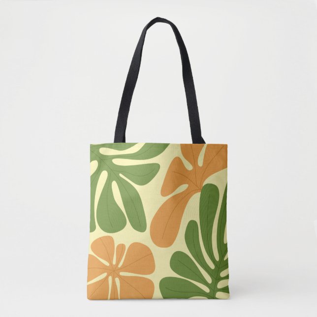 Tote Bag Fleurs Abstraites Modernes Vertes et Orange (Devant)
