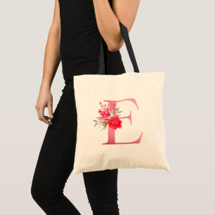 Tote Bag Fleurs Aquarelle Monogramme Alphabet Or Rose E