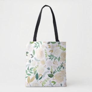 Tote Bag Fleurs aquarelles avec Parties scintillant or Faux