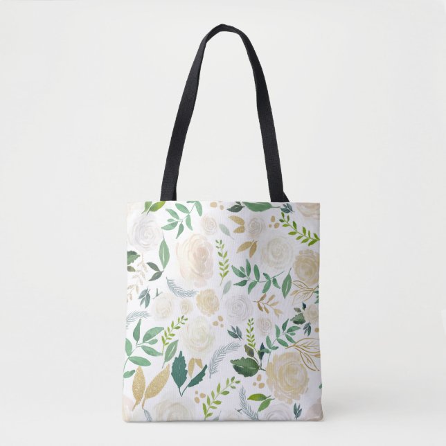 Tote Bag Fleurs aquarelles avec Parties scintillant or Faux (Devant)