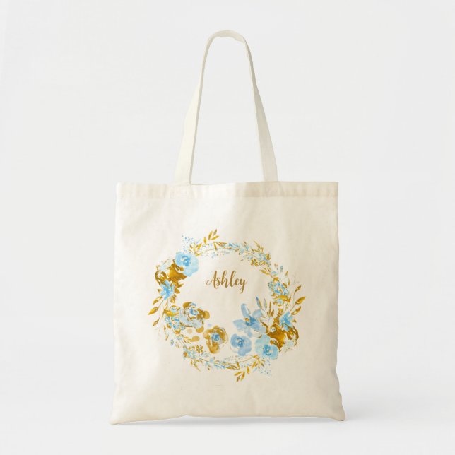 Tote Bag Fleurs aquarelles bleues et or personnalisées (Devant)