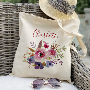 Tote Bag Fleurs aquarelles boho Mariée personnalisée