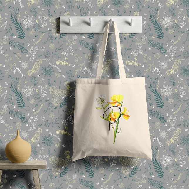Tote Bag Fleurs aquarelles jaunes avec votre initiale (Créateur téléchargé)