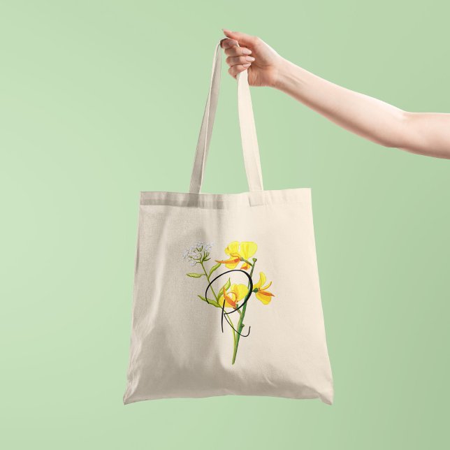 Tote Bag Fleurs aquarelles jaunes avec votre initiale 1 côt (Créateur téléchargé)
