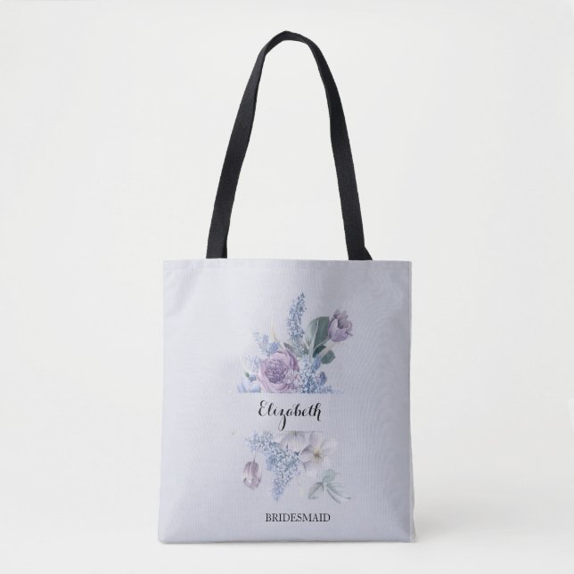 Tote Bag Fleurs aquarelles lilas bleu Élégante demoiselle d (Devant)
