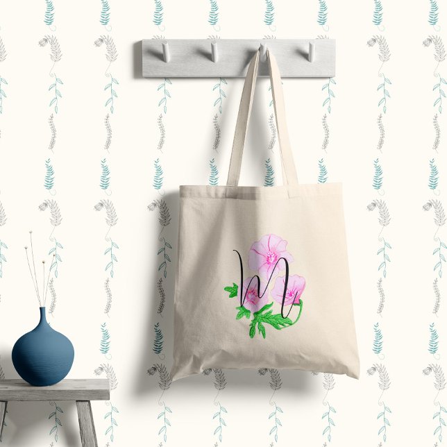Tote Bag Fleurs aquarelles roses avec votre initiale (Créateur téléchargé)