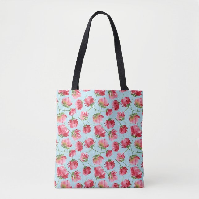 Tote Bag Fleurs Aquarelles Rouge Écarlate Jetées Points Pol (Devant)