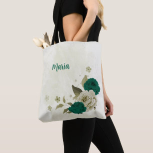 Tote Bag fleurs beiges vert émeraude