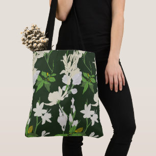 Tote Bag Fleurs blanches 1 vert foncé
