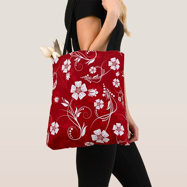 Tote Bag Fleurs blanches Arrière - plan rouge (Créateur téléchargé)