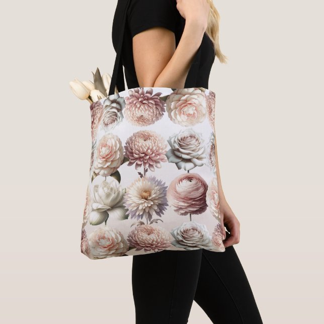 Tote Bag Fleurs Blanches Crème Rose Pêche Mariage Floral (De près)