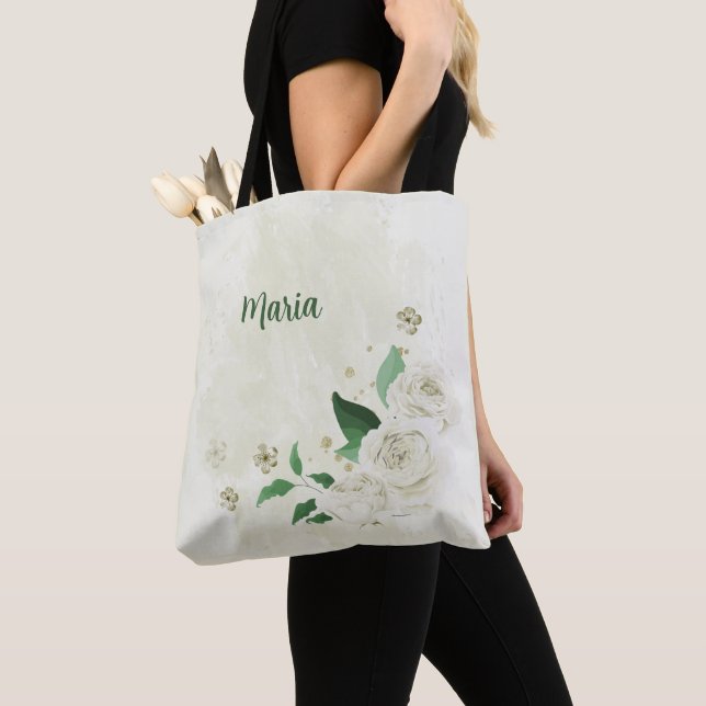 Tote Bag fleurs blanches ivoire verdure (De près)