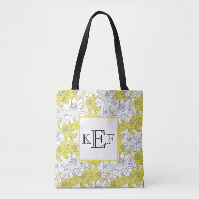 Tote Bag Fleurs blanches jaunes et grises à monogramme   (Devant)