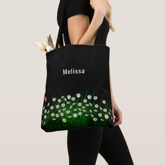 Tote Bag Fleurs blanches noires nom élégant (De près)