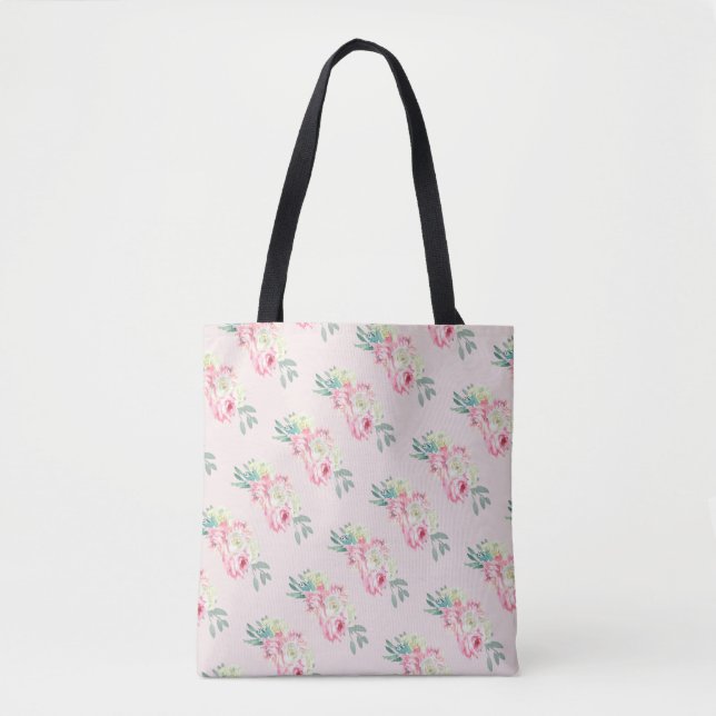 Tote Bag Fleurs blanches roses sur rose poussiéreux (Devant)