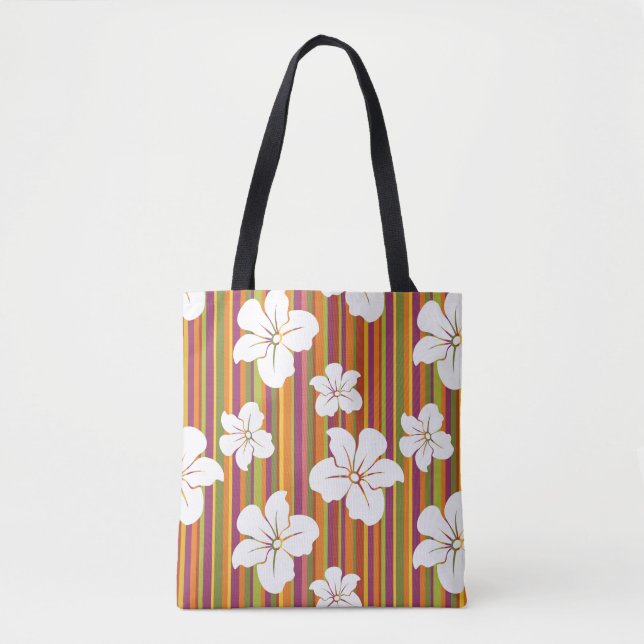Tote Bag Fleurs blanches sur un arrière - plan rayé (Devant)