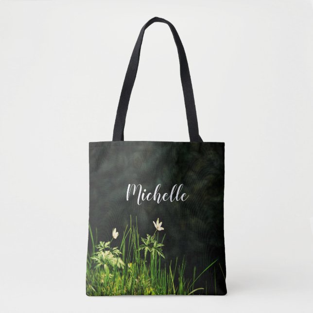 Tote Bag Fleurs blanches vert nom (Devant)