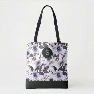 Tote Bag Fleurs bleu clair vert feuille personnalisé monogr