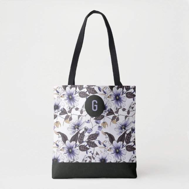 Tote Bag Fleurs bleu clair vert feuille personnalisé monogr (Devant)