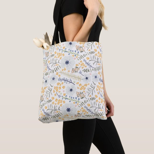 Tote Bag Fleurs Bleu Jaune Shopping Botanique (De près)