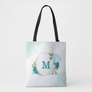 Tote Bag fleurs bleu turquoise clair 