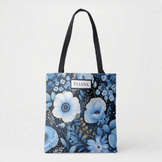 Tote Bag Fleurs bleues Aquarelle avec votre nom |