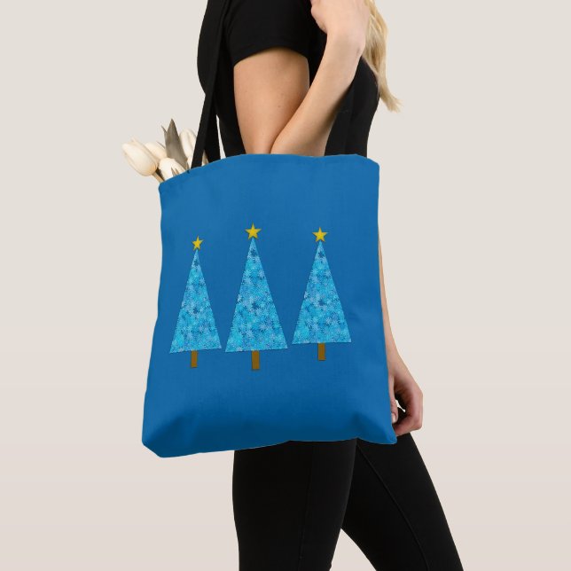 Tote Bag Fleurs bleues Arbre de Noël moderne rétro (De près)