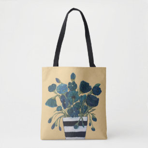 Tote Bag Fleurs bleues avec des beaux-arts rayés de vase