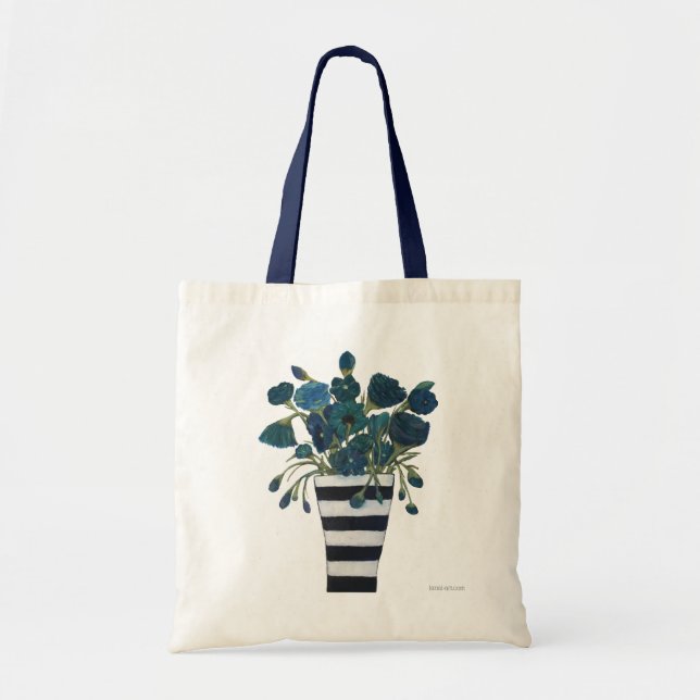 Tote Bag Fleurs bleues avec des beaux-arts rayés de vase (Devant)