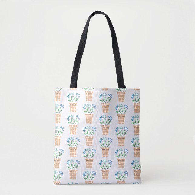 Tote Bag Fleurs bleues dans des pots tissés (Devant)