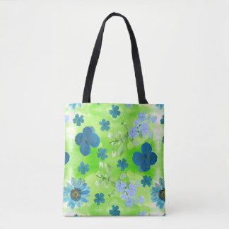 Tote Bag Fleurs bleues en vert citron