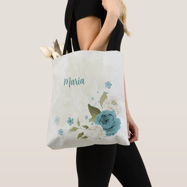 Tote Bag fleurs bleues et blanches (De près)