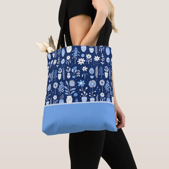 Tote Bag Fleurs bleues et blanches dans des vases, bloc de  (De près)