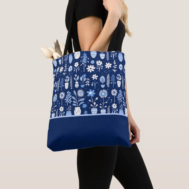 Tote Bag Fleurs bleues et blanches dans les vases, Bloc de  (De près)