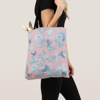 Tote Bag fleurs bleues et oiseau, couleur rose clair Arrièr