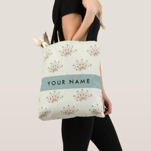 Tote Bag Fleurs bleues et rouges, Bleu, Votre nom