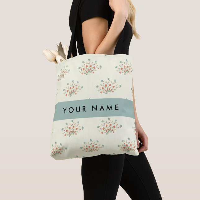Tote Bag Fleurs bleues et rouges, Bleu, Votre nom (De près)