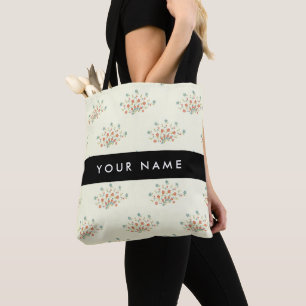Tote Bag Fleurs bleues et rouges, noires, Votre nom