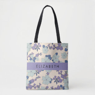 Tote Bag Fleurs Bleues, Fleurs Violettes, Floral, Votre Nom